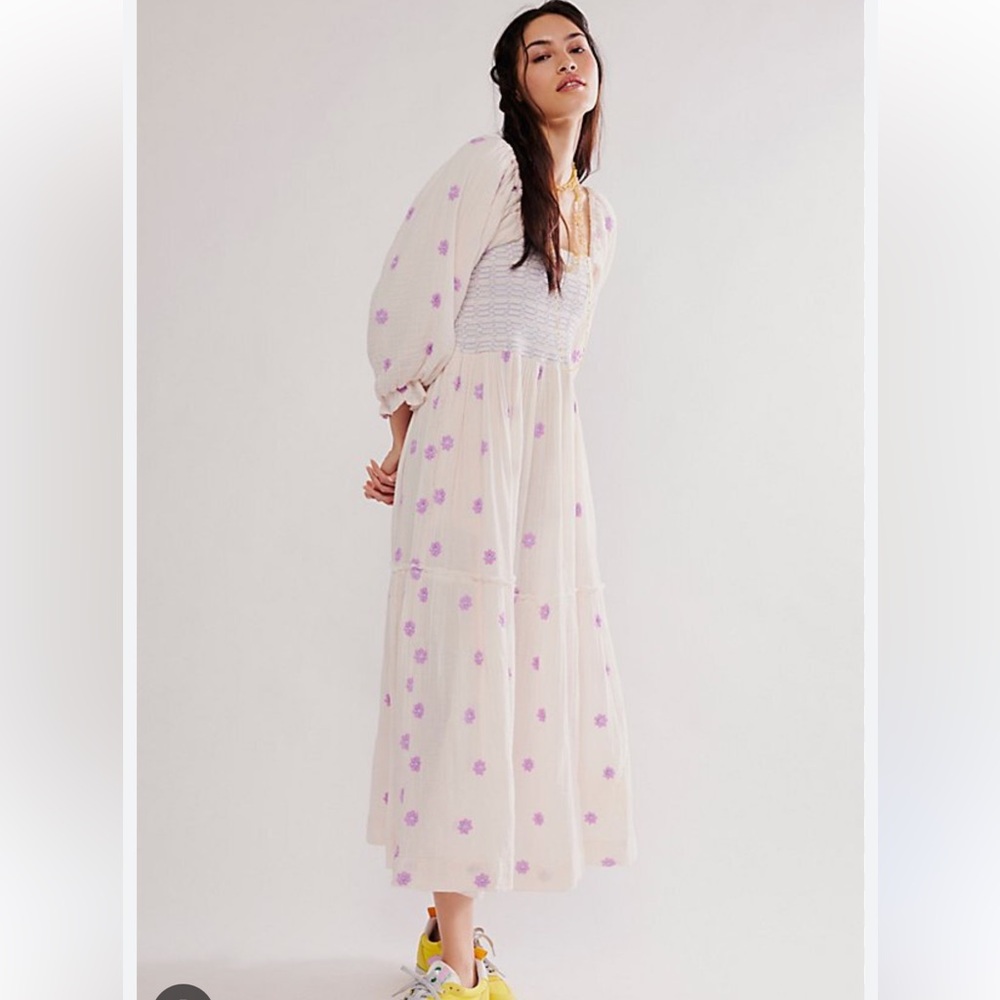 Free People Dahlia Embroidered Gauzy Smocked Puff Sleeve Maxi Dress